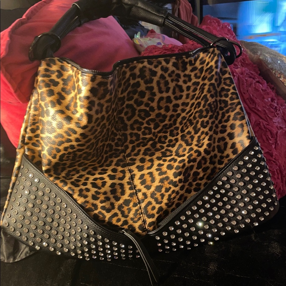 Leopard Print Studded Shoulder Bag - Black & Brown